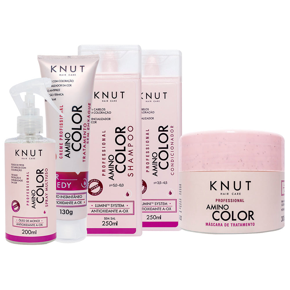 Kit KNUT AMINO COLOR: Shampoo 250ml + Condicionador 250ml + Máscara 300g + Leave-in Spray 200 ml + Hair Remedy 130g KNUT Hair Care