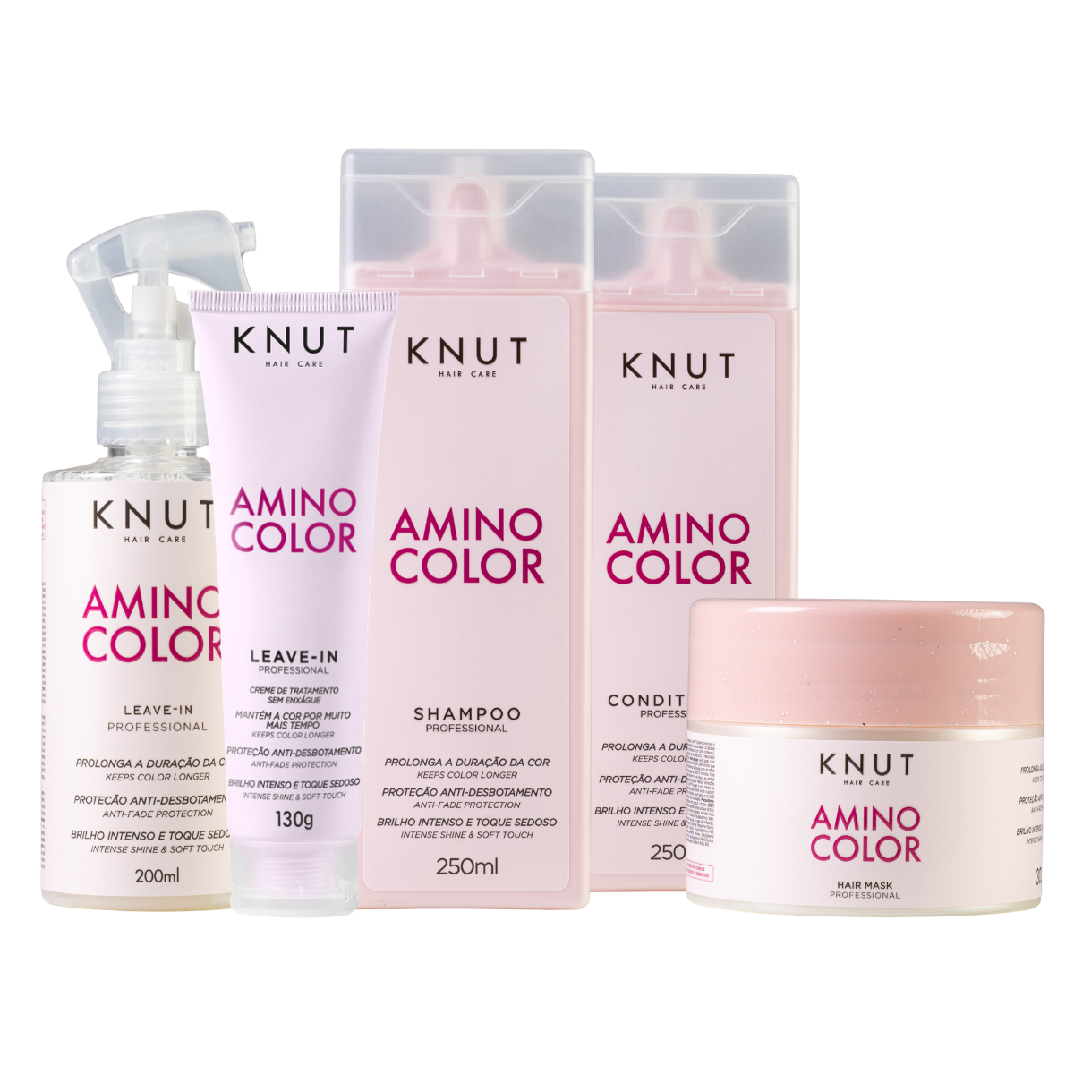 Kit KNUT AMINO COLOR: Shampoo 250ml + Condicionador 250ml + Máscara 300g + Leave-in Spray 200 ml + Leave-in Creme 130g KNUT Hair Care