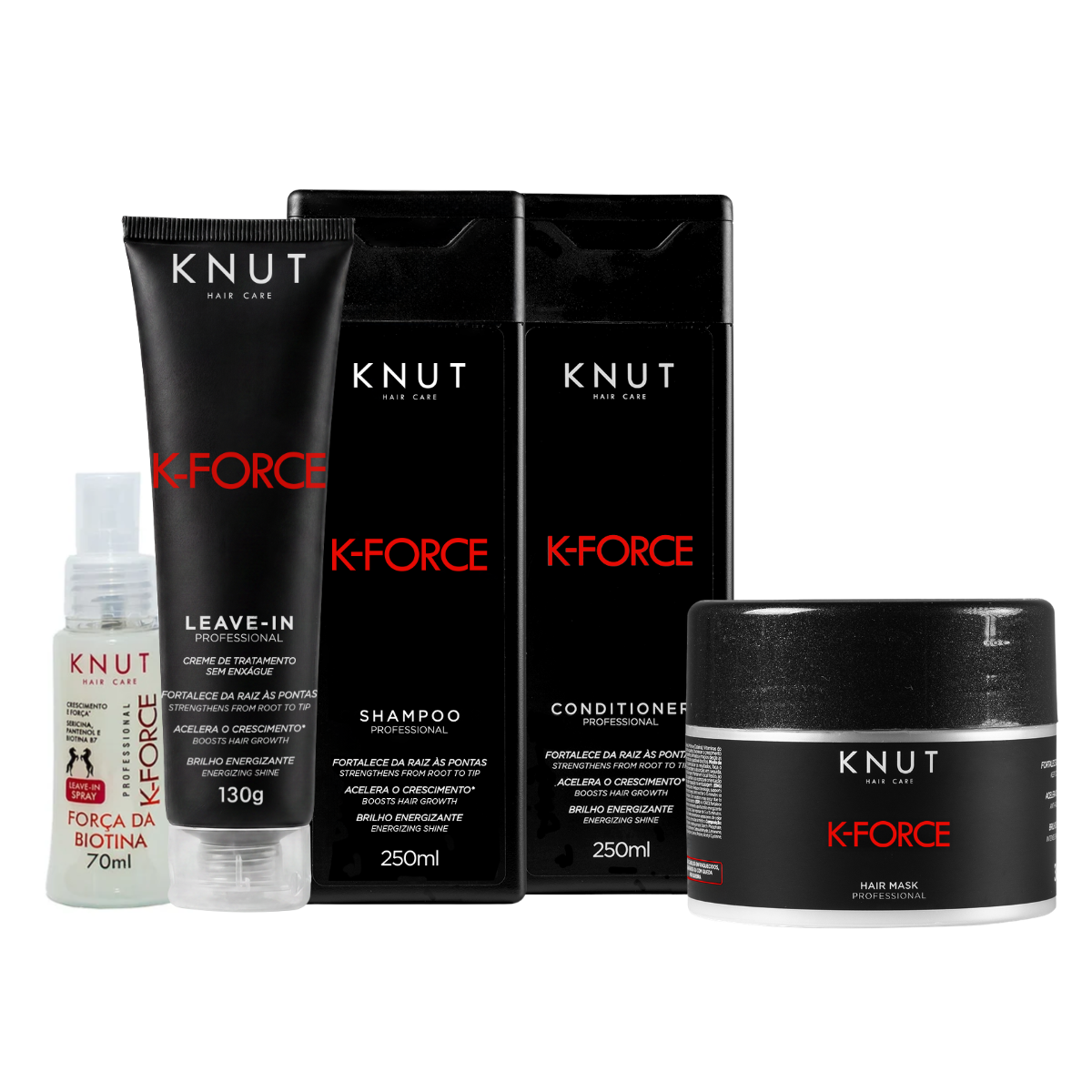 Kit KNUT K-Force: Shampoo 250ml + Condicionador 250ml + Máscara 300g + Leave-in Spray 70 ml + Leave-in Creme 130g KNUT Hair Care