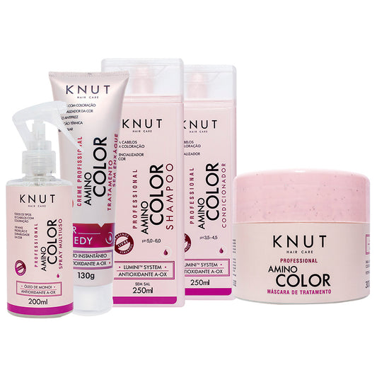 Kit KNUT AMINO COLOR: Shampoo 250ml + Condicionador 250ml + Máscara 300g + Leave-in Spray 200 ml + Hair Remedy 130g