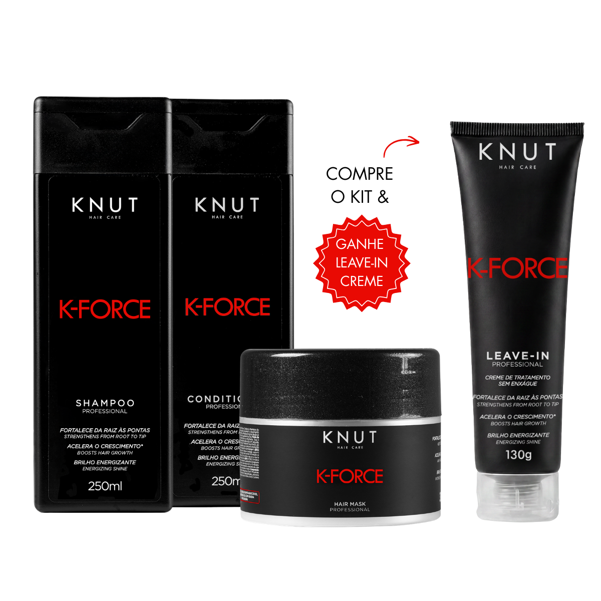 Kit PROMOCIONAL K-Force: Shampoo 250ml  + Condicionador 250ml + Máscara 300g *Brinde: Leave-in Creme* KNUT Hair Care