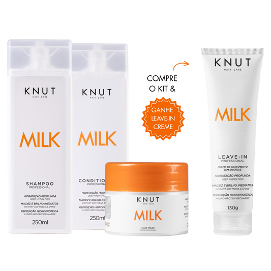 Kit KNUT Milk: Shampoo 250ml + Condicionador 250ml + Máscara 300g (Brinde: Leave-in Creme) KNUT Hair Care