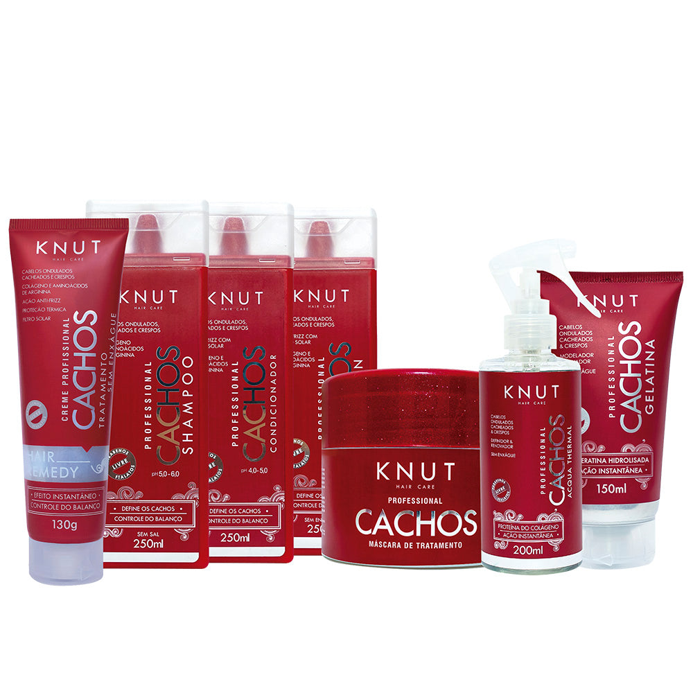 Kit KNUT CACHOS: Shampoo 250ml + Condicionador 250ml + Máscara 300g + Leave-in 250 ml + Acqua Thermal 200ml + Gelatina C