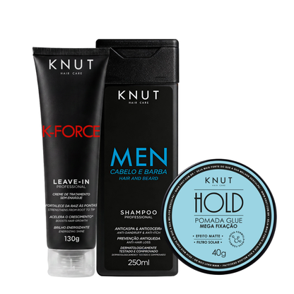 Kit Men: Shampoo Men 2 em 1 250ml + Leave-in Creme K-Force 130g + Pomada Hold Glue 40g KNUT Hair Care