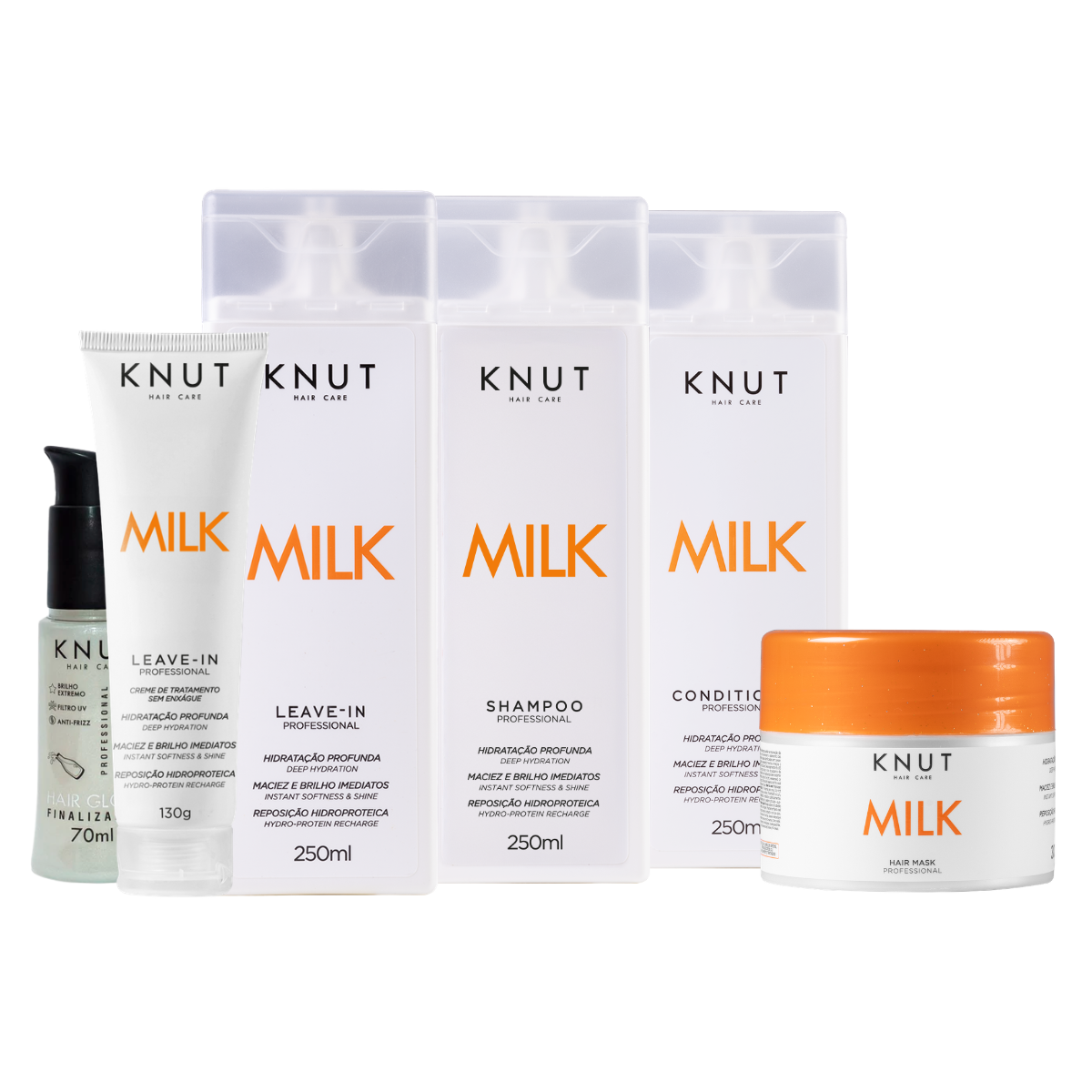Kit KNUT MILK: Shampoo 250ml + Condicionador 250ml + Máscara 300g + Leave-in 250ml + Hair Gloss 70ml + Leave-in Creme 130g KNUT Hair Care