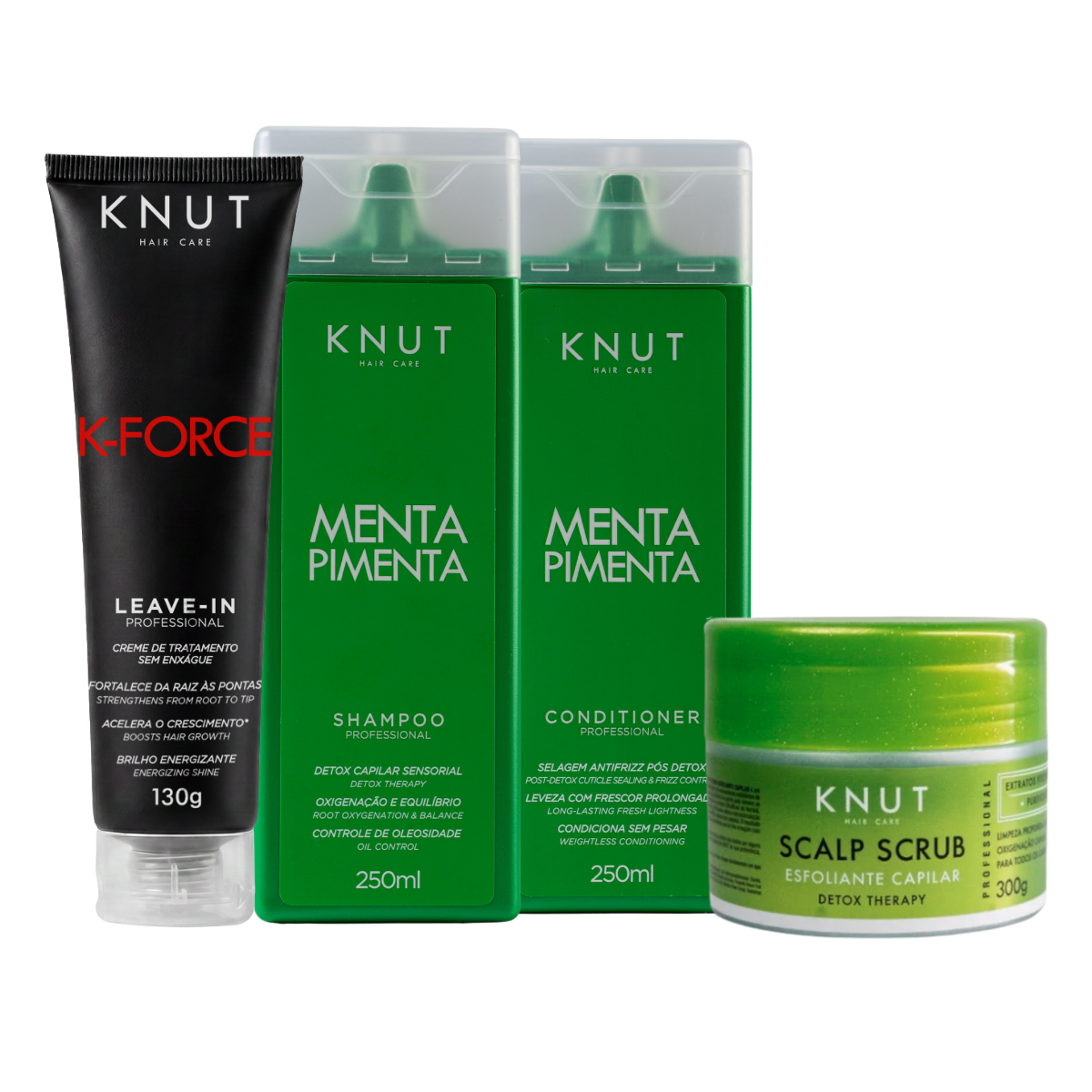 Kit KNUT Detox: Shampoo e Condicionador Menta Pimenta 250 ml + Scalp Scrub 300g (Brinde: Leave-in Creme K-Force 130g) KNUT Hair Care