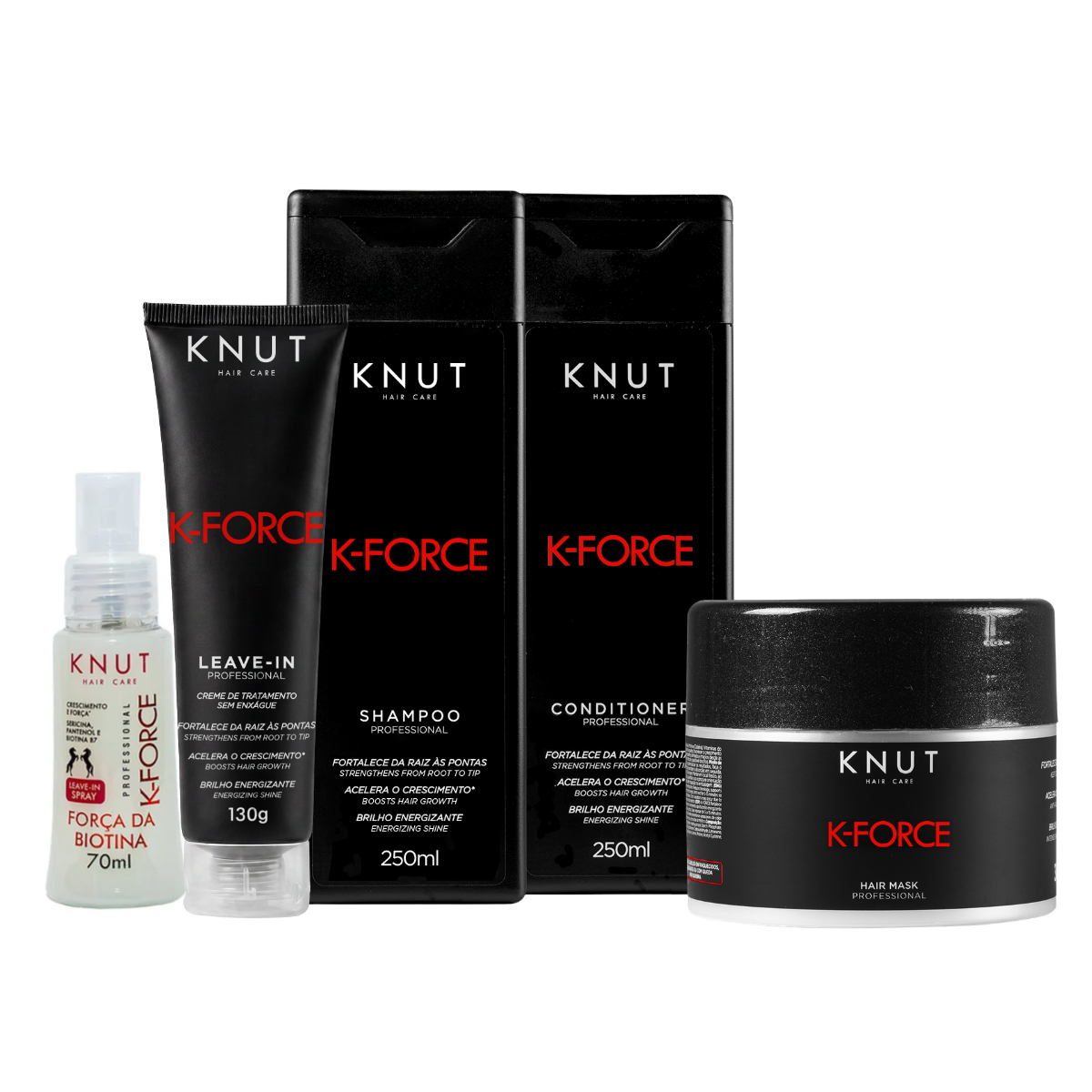 Kit KNUT K-Force: Shampoo 250ml + Condicionador 250ml + Máscara 300g + Leave-in Spray 70 ml + Leave-in Creme 130g KNUT Hair Care