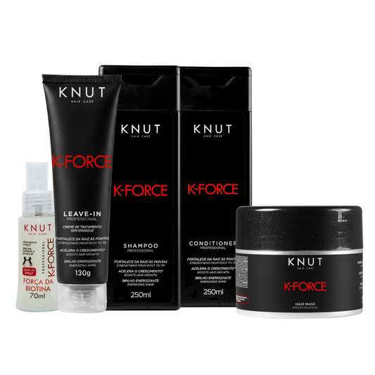 Kit KNUT K-Force: Shampoo 250ml + Condicionador 250ml + Máscara 300g + Leave-in Spray 70 ml + Leave-in Creme 130g KNUT Hair Care