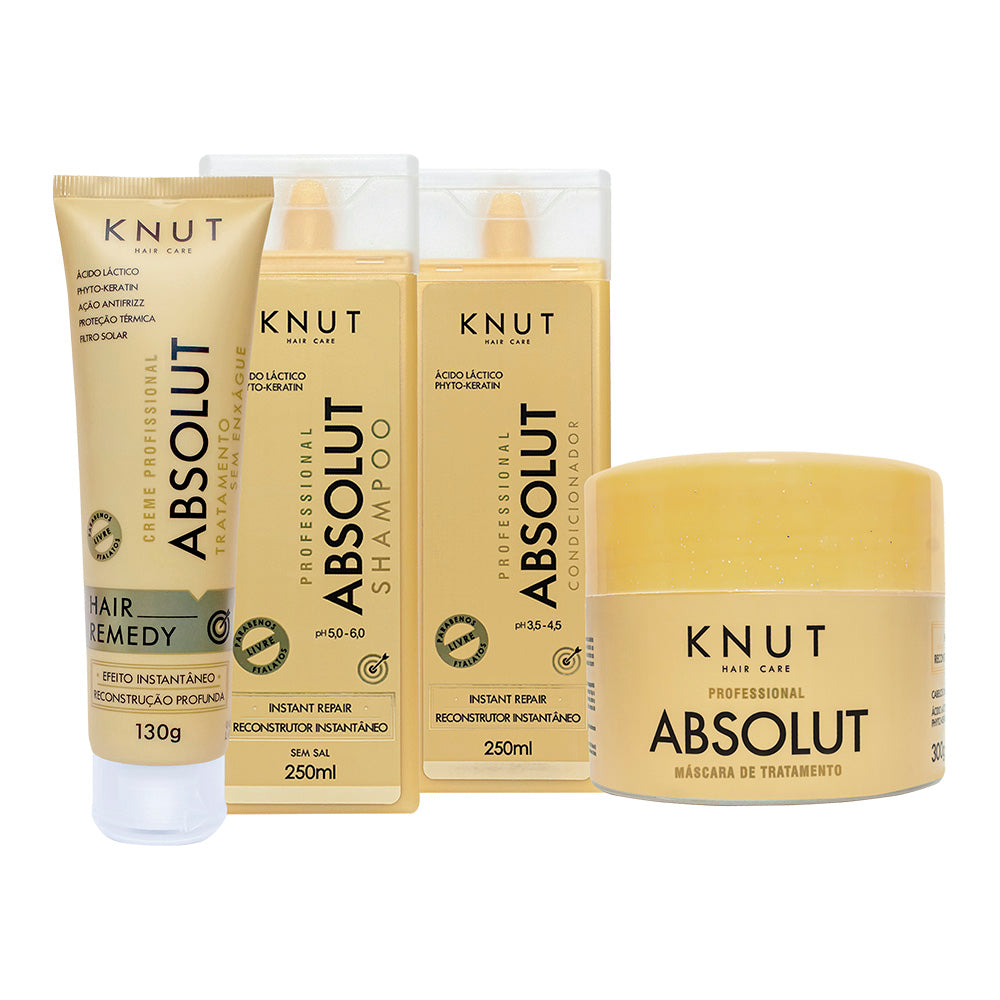 Kit KNUT ABSOLUT: Shampoo 250ml + Condicionador 250ml + Máscara 300g + Hair Remedy 130g